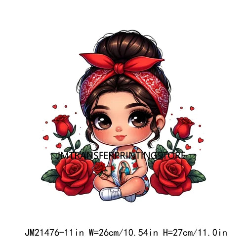 New Chibi Chicana Lovely Bow Rose Baby Girls Latina Princess Iron On DTF Heat Transfer Stickers Ready To Press For Clothing