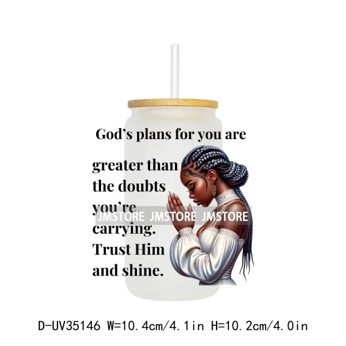 Christian Quotes Afro Pray Girl UV DTF Transfer Stickers Decals Ready To Apply Waterproof For 16OZ Libbey Glass Can Cups Tumbler