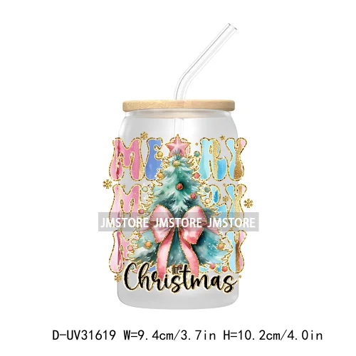 Merry Bright Coquette Bow Glitter Christmas Tree Girly UV DTF Transfer Stickers Decals For Libbey Cold Cup Mug Tumbler Durable