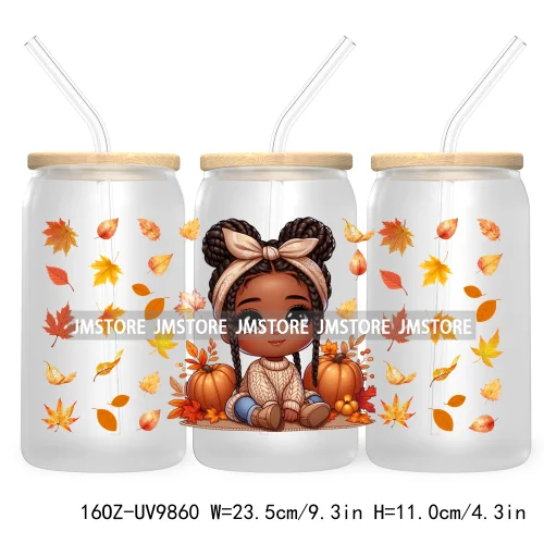 Afro African Girl 16OZ UV Cup Wrap DTF Transfer Stickers For Libbey Glass Can Cups Tumbler Fall Season Autumn Waterproof Labels