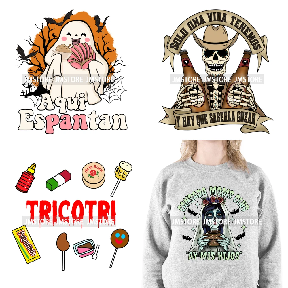 Aqui Espantan Tricotri Mexican Ghost Latina Culture Spooky Pumpkin Halloween Iron On DTF Heat Press Transfer Sticker For Hoodies