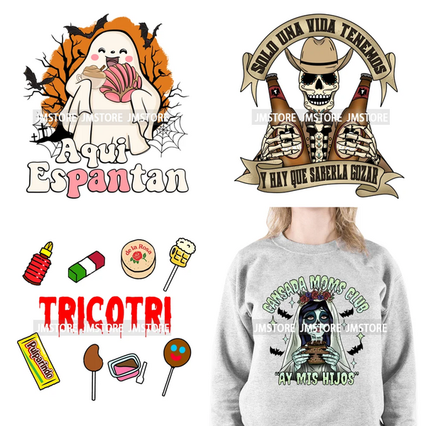 Aqui Espantan Tricotri Mexican Ghost Latina Culture Spooky Pumpkin Halloween Iron On DTF Heat Press Transfer Sticker For Hoodies