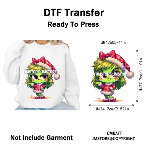 Faux Glitter Cartoon Christmas Movie Green Santa Kid Girly Xmas Iron on DTF Washable Transfer Sticker Ready to Press for Textile