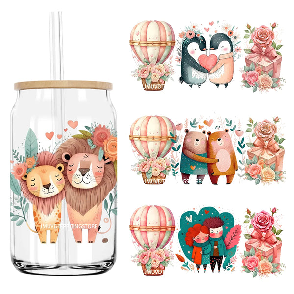 Cute Animal Couple Valentine Day UV DTF Sticker For 16OZ Libbey Glass Cup Can Wrap Transfer Sticker Custom Labels DIY Logo