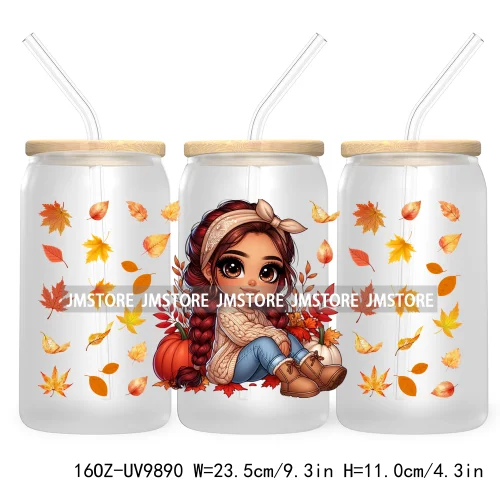 Mexican Latina Chibi Autumn Baby Girl UV DTF Sticker For 16OZ Libbey Glass Cup Can Wrap Transfer Stickers Custom Labels DIY Logo