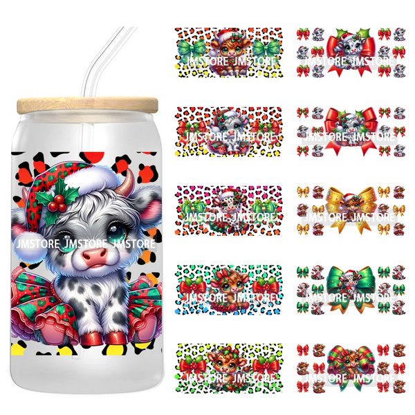 Watercolor Christmas Highland Cows Gift Leopard Print 16OZ UV DTF Cup Wraps Ready To Apply Transfer Sticker For Libbey Glass Can