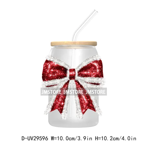 Coquette Bow Faux Glitter Christmas Tree UV DTF Transfer Stickers Decals For Libbey Cold Cups Mugs Tumbler Reindeer Candy Cane