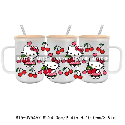 Strawberry Cartoon Hello Cat UV DTF Sticker For 15OZ Mug Libbey Glass Cup Can Wrap Transfer Sticker Custom Labels DIY Logo Cow