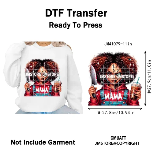 Horror Afro Mama Coffee Lover Scary Girly Killer Halloween Movie Iron on DTF Transfers Stickers Ready to Press for Textile Bags
