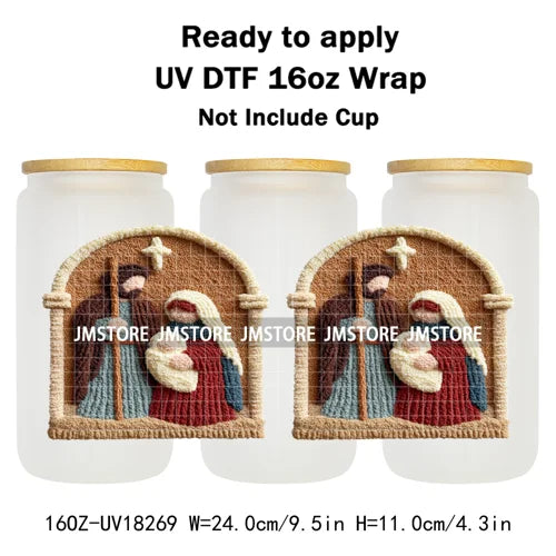 Faux Yarn Crochet Jesus Christmas Religious UV DTF Stickers Ready To Apply Cup Wrap Custom Labels DIY Craft For Libbey Glass Can