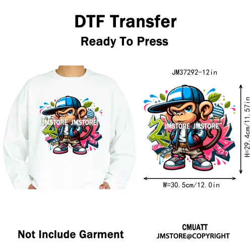 12in Graffiti Streetwear Beasts Cartoon Animals Hip Hop Quotes Iron on DTF Heat Transfers Stickers Ready to Press for Hoodies