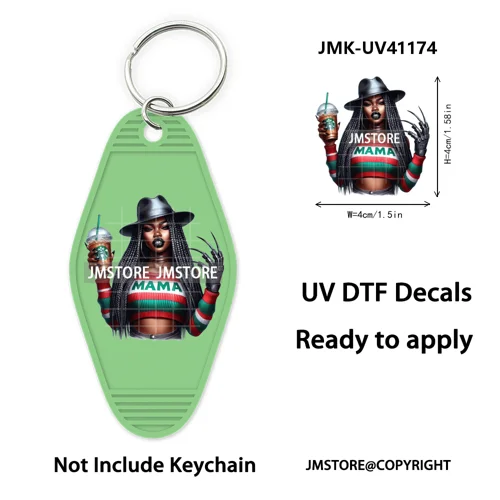 Afro Girl Halloween Skeleton Zombie UV DTF Motel Keychain Decal Ready To Ship Durable Transfer Stickers Print For Hotel Keychain