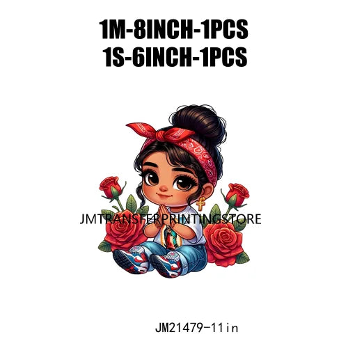 New Chibi Chicana Lovely Bow Rose Baby Girls Latina Princess Iron On DTF Heat Transfer Stickers Ready To Press For Clothing