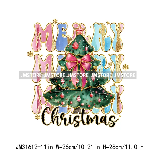 Merry And Bright Christmas Faux Gold Giltter Coquette Tree Gifts Girly Iron On DTF Transfer Stickers Ready To Press For Clothing