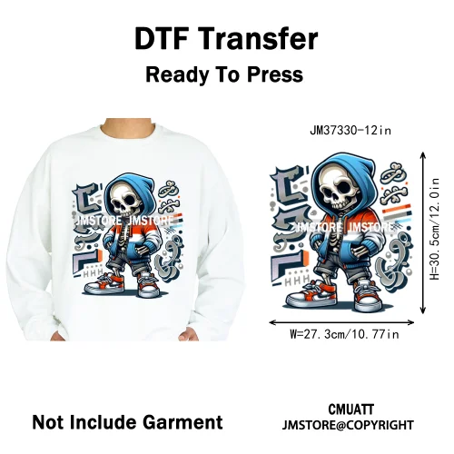 12in Colorful Graffiti Streetwear Skeleton Game Over Iron on DTF Thermal Transfers Stickers Printing Ready to Press for T-shirts
