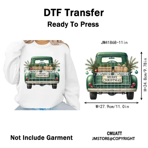 Christmas Pickup Truck Car Winter Tree Snowy Holiday Decoration Iron on DTF Heat Transfers Stickers Ready to Press for Clothing