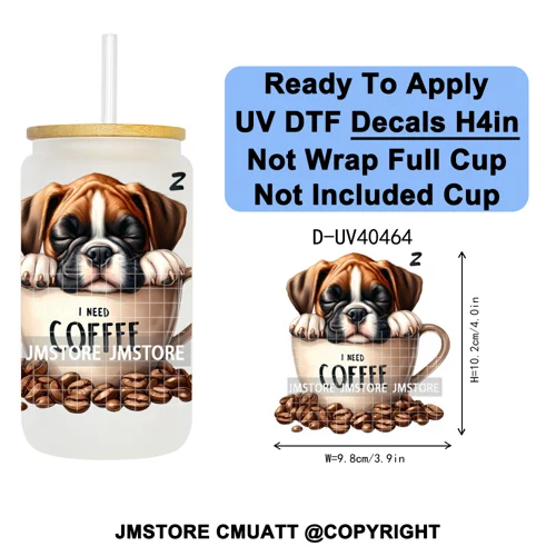 Puppy Coffee Dog Cartoon Pet Lover UV DTF Decals Ready To Apply Waterproof Transfer Stickers For 16OZ Libbey Glass Can Tumbler