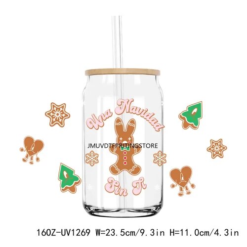 Christmas Santa Gingerbread 16OZ UV DTF Cup Wrap Transfer Sticker Custom Labels DIY Durable Waterproof Logo For Libbey Glass Can