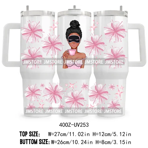 40OZ Tumbler Wrap Girl With Coffee UV DTF Cup Wraps Transfer Stickers Custom Labels Durable Waterproof Logo Pink Drinks Lady