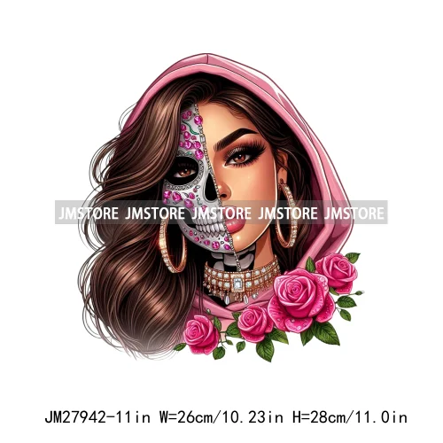 Raninbow Diamond Glamor Latina Skeleton Woman Rose Chicana  Earing Girls DTF Iron On Heat Press Transfer Stickers For Clothes