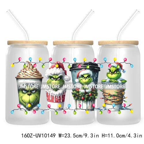 Christmas Coffee Cups Green Guy 16OZ UV Cup Wrap DTF Transfer Stickers For Libbey Glass Can Cup Tumbler Waterproof Label Cartoon