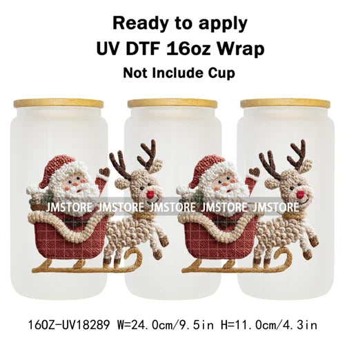 Faux Yarn Christmas Reindeer UV DTF Cup Wrap Ready To Apply Transfer Stickers Durable 16OZ Tumbler Wraps For Libbey Glass Can