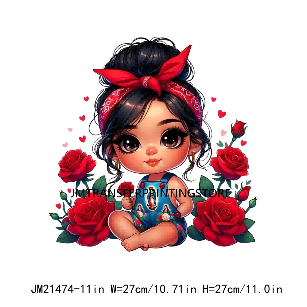 New Chibi Chicana Lovely Bow Rose Baby Girls Latina Princess Iron On DTF Heat Transfer Stickers Ready To Press For Clothing