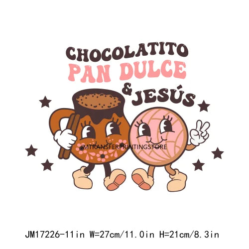 Latin Culture Tacaos Cafecito ChoColatito Pan Dulce Jesus Concha Designs DTF Let's Fiesta Mexican Transfers Stickers For Clothes