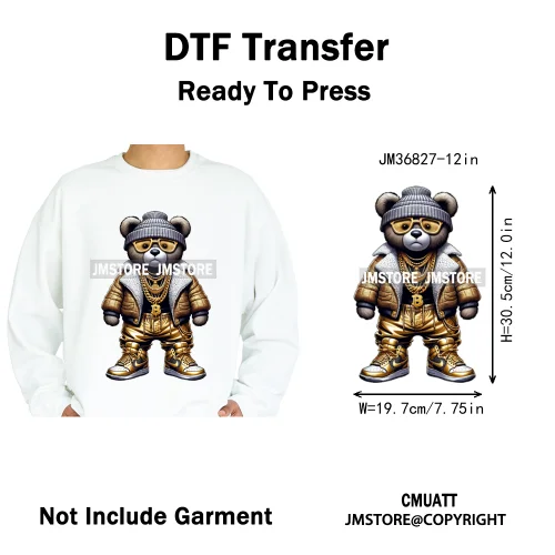 12in Hip Hop Vibes Urban Style Rich Bear With Gold Chains King Animal Iron on DTF Transfers Stickers Ready to Press for Textile