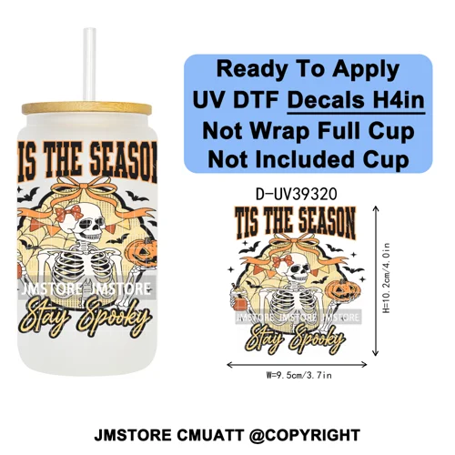 Stay Spooky Halloween Horror Pumpkin Coquette UV DTF Decals Ready To Apply Waterproof Transfer Sticker For 16OZ Libbey Glass Can
