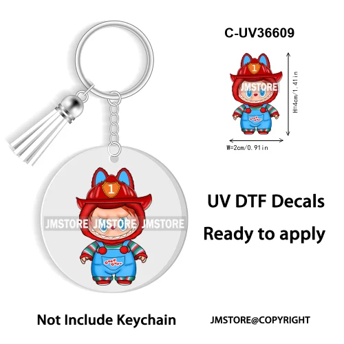 Coquette Bow Cartoon Monsters Doll In Costume Decal Round Keychain Ready To Apply UV DTF Transfer Stickers For Circle Keychain