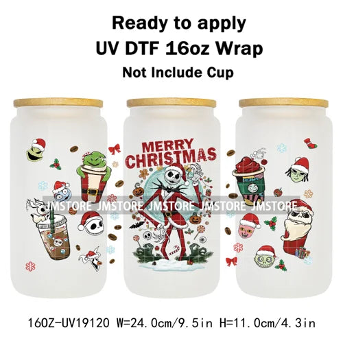 Skeleton Nightmare Before Christmas UV DTF Transfer Sticker Cup Tumbler Wrap For 16OZ Libbey Glass Wraps Bottle Mug DIY Labels