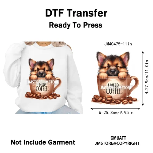 Funny Cartoon Pet Puppy Small Sleeping Cozy Coffee Dogs Lover Iron on DTF Washable Transfers Sticker Ready to Press for Clothing
