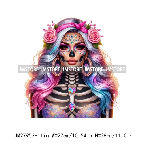 Raninbow Diamond Glamor Latina Skeleton Woman Rose Chicana  Earing Girls DTF Iron On Heat Press Transfer Stickers For Clothes