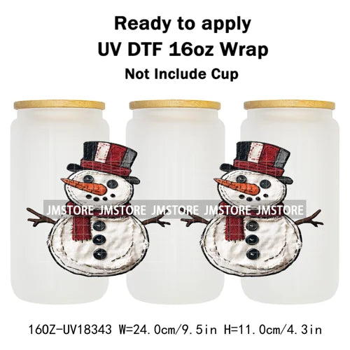 Faux Yarn Christmas Characters UV DTF Cup Wrap Ready To Apply Transfer Stickers Durable 16OZ Tumbler Wraps For Libbey Glass Can