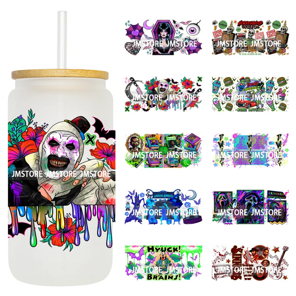 Retro Halloween Neon Scary Movie Character 16OZ UV DTF Cup Wrap Ready To Apply Waterproof Transfer Stickers For Libbey Glass Can
