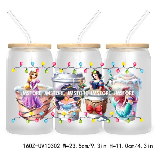 Princess Christmas Cartoon Friends 16OZ UV Cup Wrap DTF Transfer Stickers For Libbey Glass Can Cups Tumbler Magical Kingdom Vibe