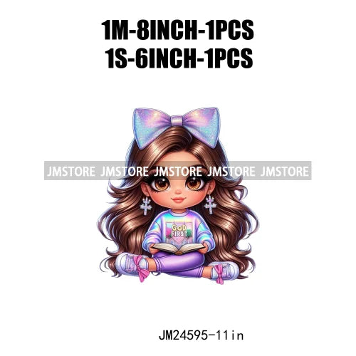 God First Chibi Cute Brown Hair Latina Dolls Baby Girls Coquette Bow Iron On DTF Transfer Stickers Ready To Press For Hoodies