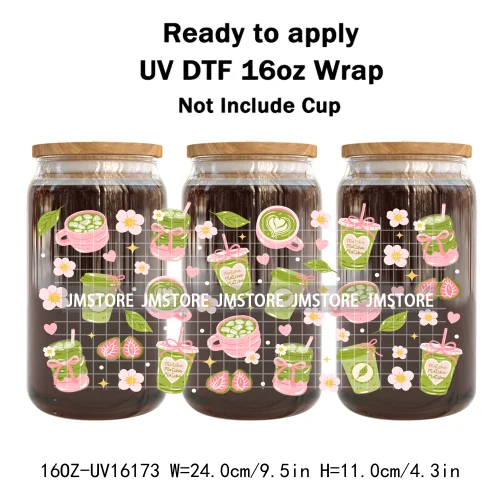 Coquette Green Tea Iced Matcha Latte UV DTF Wrap Transfer Sticker Selfadhesive Waterproof High Quality For 16OZ Libbey Glass Can