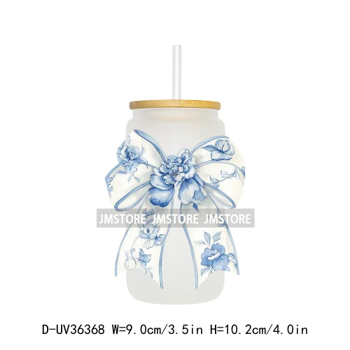 Blue Chinoiserie Coquette Bow UV Sticker Decals For Libbey Cold Cups Mug Tumbler Transfer Stickers Waterproof Top Quality Prints