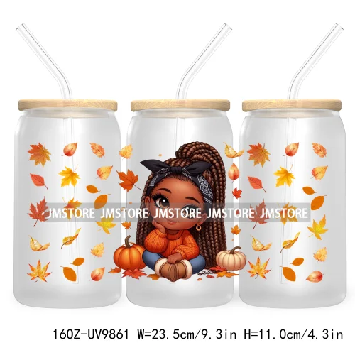 Afro African Girl 16OZ UV Cup Wrap DTF Transfer Stickers For Libbey Glass Can Cups Tumbler Fall Season Autumn Waterproof Labels