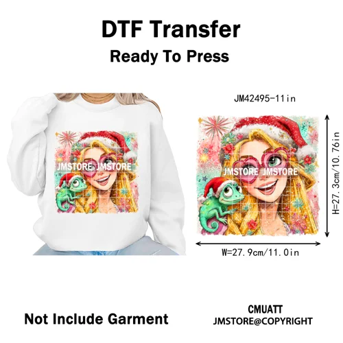 Glasses Cartoon Princess Animal Christmas Brushstroke Festive Vibes Iron on DTF Transfers Stickers Ready to Press for Hoodies