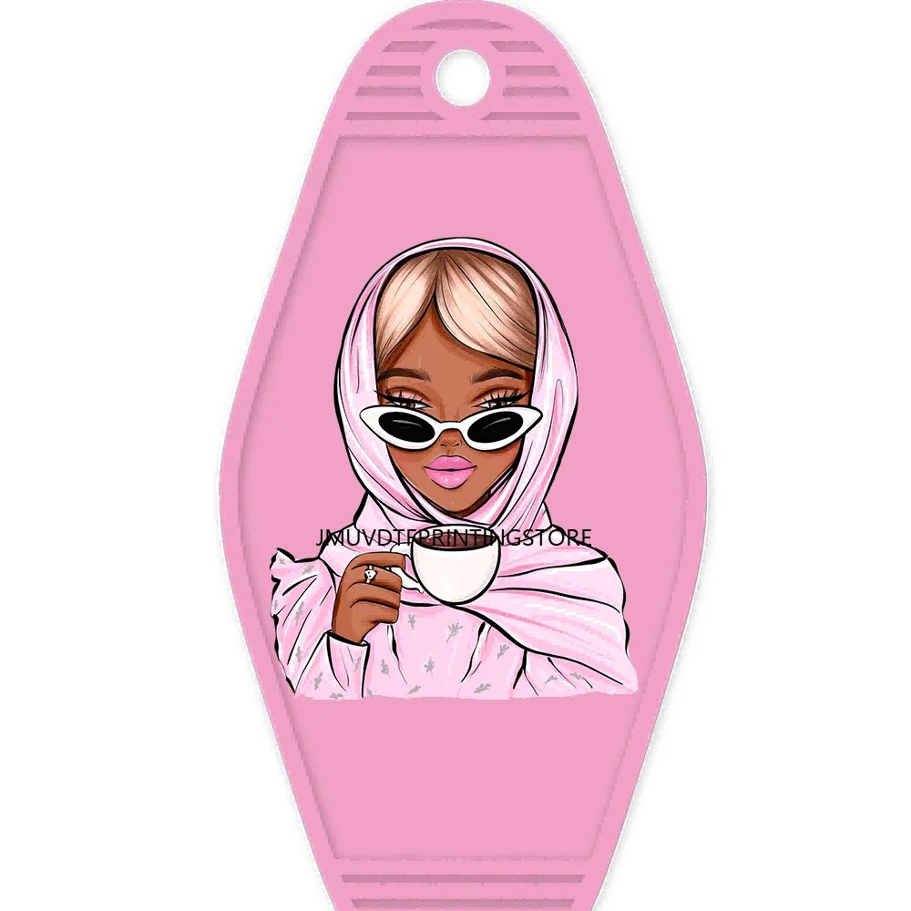 Happy Birthday Pink Girls With Coffee High Quality WaterProof UV DTF Sticker For Motel Hotel Keychian Cute Girl Kids