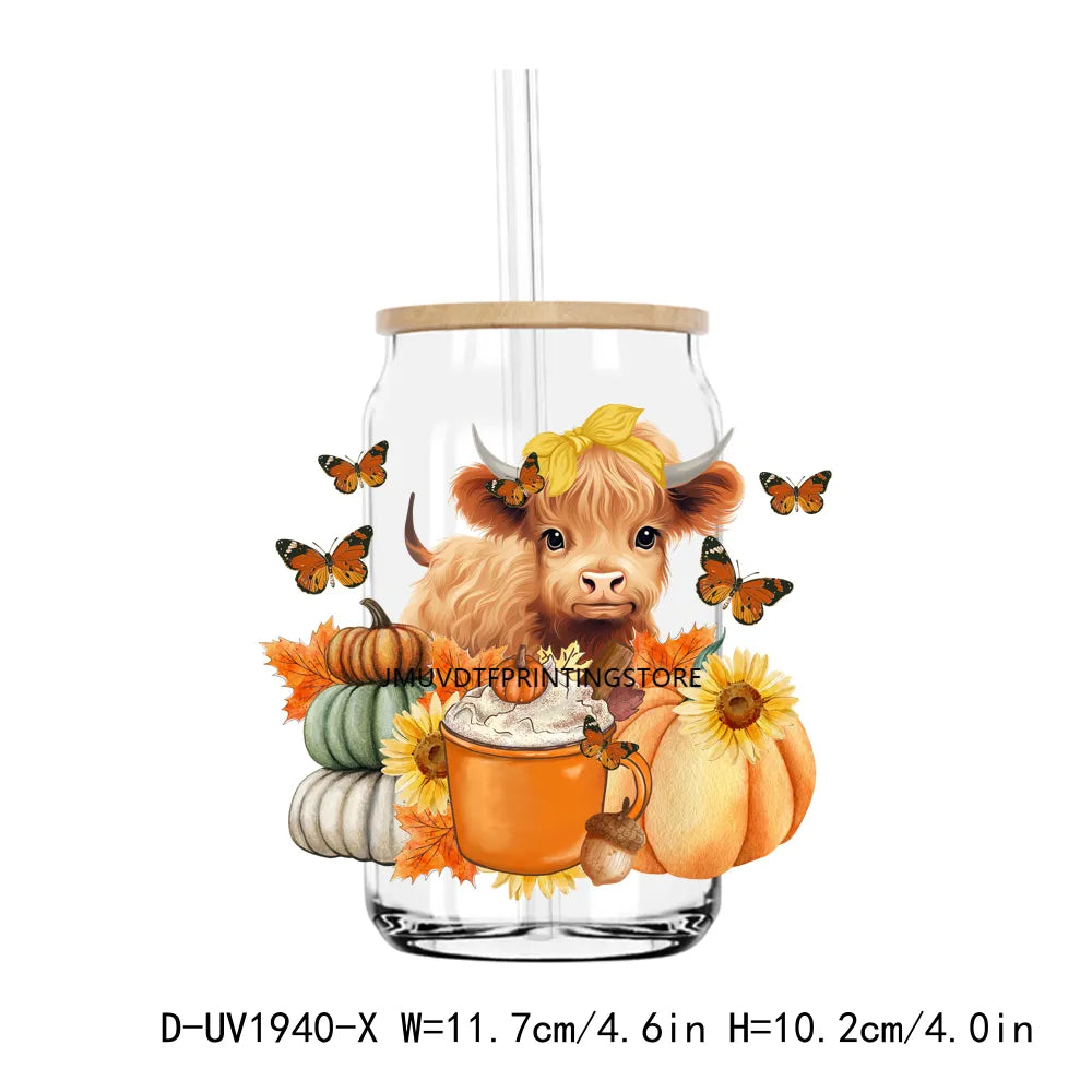 Howdy Fall Highland Cow Pumpkin UV DTF Transfers Stickers Decals For Libbey Cold Cups Mugs Tumbler Waterproof DIY Craft