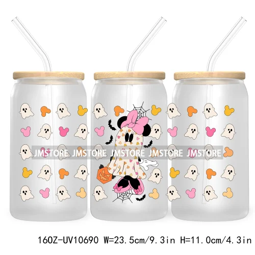 Fall Pumpkin Halloween Season 16OZ UV Cup Wrap DTF Transfer Stickers For Libbey Glass Can Cups Tumbler Cute Cartoon Mouse Ghost