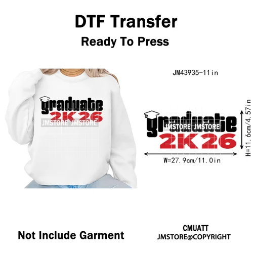 College Mega Senior 2K26 Coquette Class of 2026 Iron on Washable DTF Heat Transfers Stickers Ready to Press for Textiles Bags