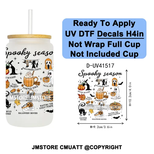 Spooky Highland Cow Halloween Ghosts Pumpkin UV DTF Decals Ready To Apply Waterproof Transfer Stickers For 16OZ Libbey Glass Can