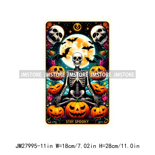 Spooky Halloween Tarot Card Pumpkin Skeleton Ghost Flower Iron On DTF Transfers Stickers Ready To Press For Sweatshirt Bags