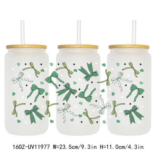 Coquette St Patrick's Day Lucky Shamrock 16OZ UV Cup Wrap DTF Transfer Stickers For Libbey Glass Can Cups Tumbler Custom Prints