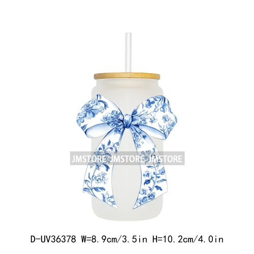 Blue Chinoiserie Coquette Bow UV Sticker Decals For Libbey Cold Cups Mug Tumbler Transfer Stickers Waterproof Top Quality Prints